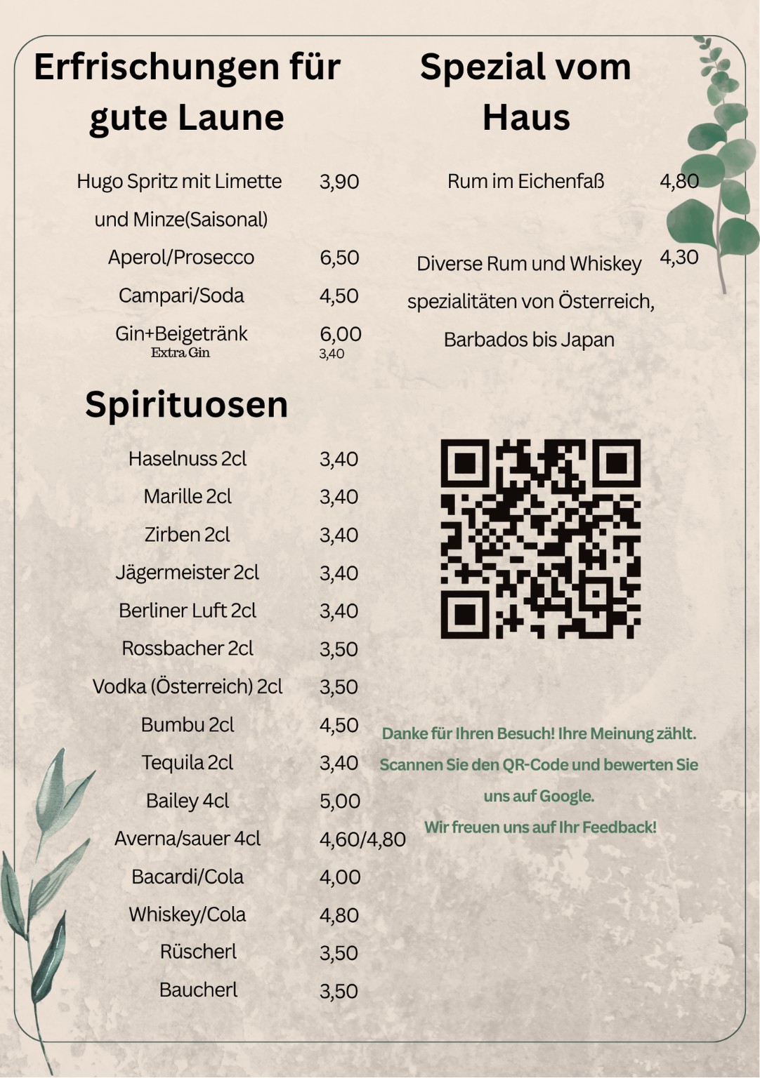 Originalkarte mit Preisen: saisonaler Hugo Spritz 3,90 Euro; Aperol/Prosecco 6,50 Euro; Spirituosen und Rum- sowie Whiskey-Spezialitäten. Vollständige Karte zum Vergrößern öffnen.